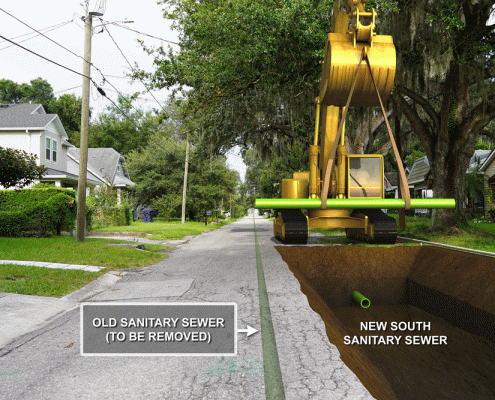 This rendering shows an excavated trench on the south side of Crest Avenue and a new sanitary sewer being installed