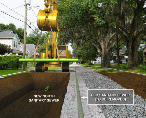 This rendering shows an excavated trench on the north side of Crest Avenue and a new sanitary sewer being installed