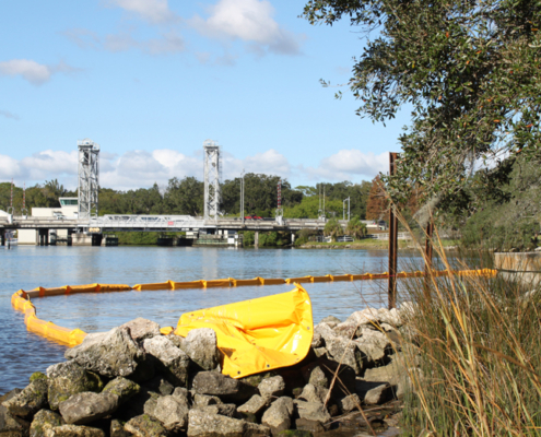 The Hillsborough River is sectioned off at the stormwater outfall.