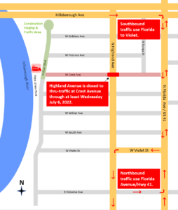 Highland Avenue is closed at Crest Avenue through July 6, 2022.