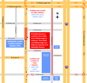 North Florida Avenue will be closed to thru traffic from East Hillsborough Avenue to East Osborne Avenue for at least three weeks beginning Aug. 22, 2022.