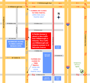 The City of Tampa is installing a temporary left-turn signal on eastbound Osborne Avenue at Nebraska Avenue to assist traffic during the North Florida Avenue closure.