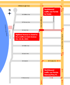 Beginning Monday, Oct. 24, 2022, North Highland Avenue will be closed at West Crest Avenue for utility construction. Thru-traffic for Highland will be detoured to North Florida Avenue.