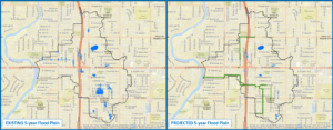These maps show the existing 5-year flood plain on the left compared to the projected 5-year flood plain on the right after the Southeast Seminole Heights Flooding Relief Project improvements are complete.
