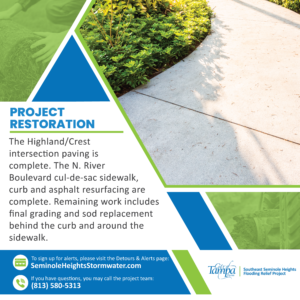 The Highland/Crest intersection paving is complete..

The N. River Boulevard cul-de-sac sidewalk, curb and asphalt resurfacing are complete. Remaining work includes final grading and sod replacement behind the curb and around the sidewalk. 