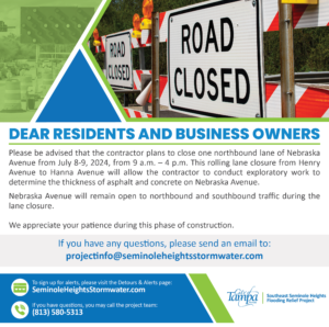 Dear Residents and Business Owners,

Please be advised that the contractor plans to close one northbound lane of Nebraska Avenue from July 8-9, 2024, from 9 a.m. – 4 p.m. This rolling lane closure from Henry Avenue to Hanna Avenue will allow the contractor to conduct exploratory work to determine the thickness of asphalt and concrete on Nebraska Avenue. 

Nebraska Avenue will remain open to northbound and southbound traffic during the lane closure. 

We appreciate your patience during this phase of construction.
