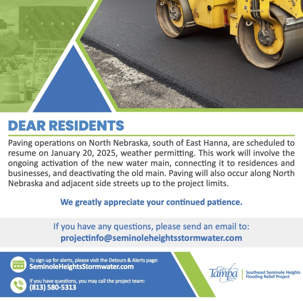 Paving operations on North Nebraska, south of East Hanna, are scheduled to resume on January 20, 2025, weather permitting. This work will involve the ongoing activation of the new water main, connecting it to residences and businesses, and deactivating the old main. Paving will also occur along North Nebraska and adjacent side streets up to the project limits.