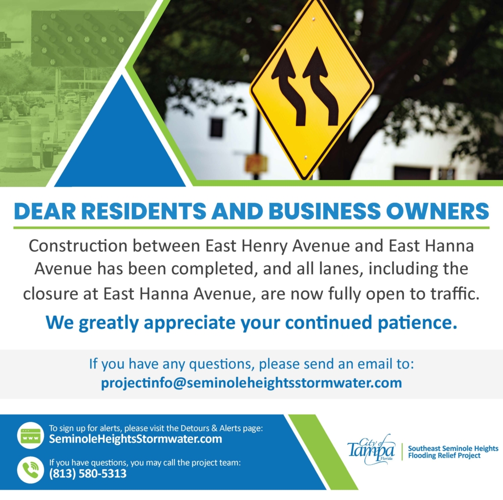 Construction between East Henry Avenue and East Hanna Avenue has been completed, and all lanes, including the closure at East Hanna Avenue, are now fully open to traffic. We greatly appreciate your continued patience.